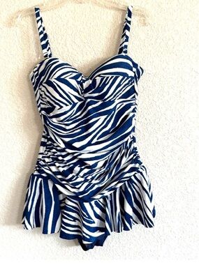 Chaps Blue and White Animal Print Skirted One Piece Swimsuit